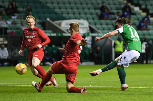 Hibernian's Stevie Mallan scores in his side's 3-1 victory over Brora Rangers in the Betfred Cup. Photo by Craig Foy / SNS Group