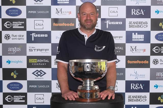 Craig Lee shows off the Barassie Links Classic trophy after his victory in an event presented by The MacKay Clinic at Kilmarnock (Barassie). Picture: Tartan Pro Tour