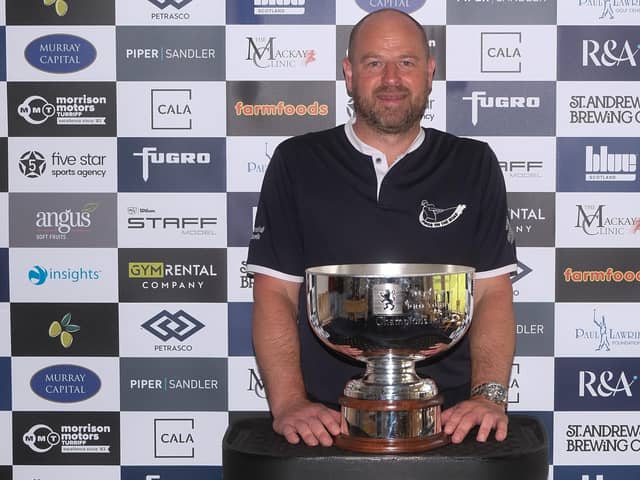 Craig Lee shows off the Barassie Links Classic trophy after his victory in an event presented by The MacKay Clinic at Kilmarnock (Barassie). Picture: Tartan Pro Tour