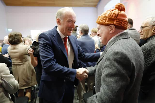 Michael Marra shakes hands with a party member after being announced as winner of the Scottish Labour leadership contest (Picture: Jeff J Mitchell/Getty Images)