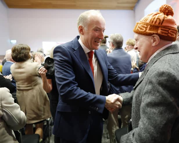 Michael Marra shakes hands with a party member after being announced as winner of the Scottish Labour leadership contest (Picture: Jeff J Mitchell/Getty Images)