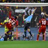 Luis Suarez of Uruguay handles the ball on the goal line, for which he is sent off, during the 2010 FIFA World Cup South Africa Quarter Final match between Uruguay and Ghana at the Soccer City stadium on July 2, 2010 in Johannesburg, South Africa.