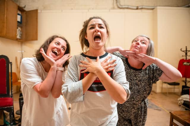 Anna Russell-Martin, Rehanna Macdonald and Lynsey-Anne Moffat in rehearsals for Bloodbank PIC: Tommy Ga-Ken Wan