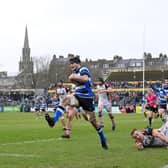 Josh Bayliss leaves Leicester Tigers players in his wake as he scores a superb try for Bath. (Photo by Dan Mullan/Getty Images)