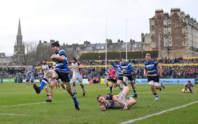 Josh Bayliss leaves Leicester Tigers players in his wake as he scores a superb try for Bath. (Photo by Dan Mullan/Getty Images)
