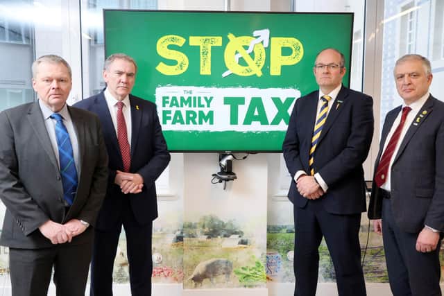 (L-R) Andrew Connon, NFU Scotland president, Aled Jones, Cymru President, Tom Bradshaw, NFU President, William Irvine, Ulster Farming Union President. Four Farming Union leaders showing their support for the Stop The Family Farm Tax campaign at the NFU London office. The NFU held a press conference after meeting with the Treasury to provide an update on discussions over changes to inheritance tax for agricultural property and businesses on Tuesday, February 18.