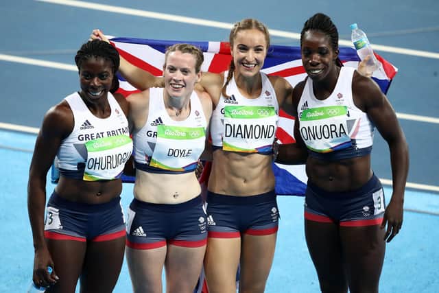 Eilidh Doyle celebrates with Christine Ohuruogu, Emily Diamond and Anyika Onuora after Britain won bronze in the 4x400m relay at the Rio 2016 Olympics. Picture: Julian Finney/Getty Images
