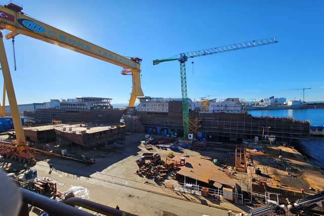 Isle of Islay, right, under construction with sister vessel Loch Indaal, at the Cemre shipyard in Turkey last week. (Photo by Cmal)