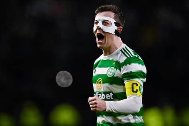 Celtic's Callum McGregor admits his double cheek fracture has caused severe pain and impacted on his eating and sleeping but that with the protection offered by a mask he sees no reason why he shouldn't be able to play on. (Photo by Rob Casey / SNS Group)