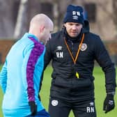Former Hearts manager Robbie Neilson (R) and Steven Naismith on the training pitch in 2020. (Photo by Mark Scates / SNS Group)