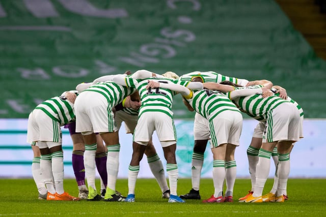 Celtic players huddle pre-match. Picture: SNS