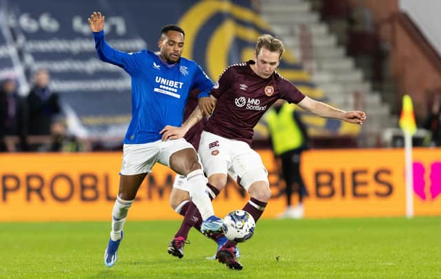 Rangers' Danilo and Hearts' Calem Nieuwenhof in action during the midweek match at Tynecastle. (Photo by Ross Parker / SNS Group)
