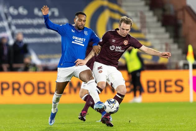 Rangers' Danilo and Hearts' Calem Nieuwenhof in action during the midweek match at Tynecastle. (Photo by Ross Parker / SNS Group)