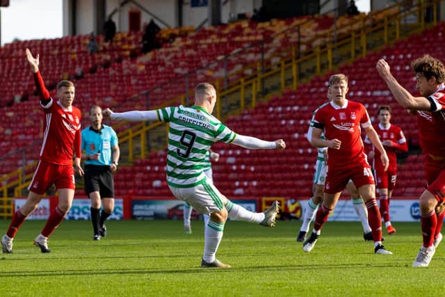 Celtic's Leigh Griffiths nets with the sort of sublime finish that makes him worth a call-up by Scotland manager Steve Clarke for the Serbia play-off (Photo by Alan Harvey / SNS Group)
