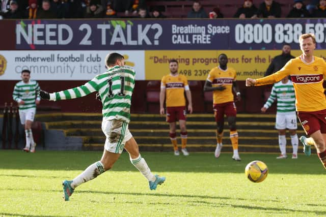 Liel Abada strokes home Celtic's opener in the 4-0 win over Motherwell. (Photo by Alan Harvey / SNS Group)