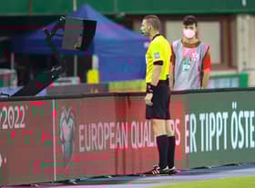 Referee Georgi Kabakov consults the VAR monitor during the World Cup qualifier between Austria and Scotland last month. Picture: SNS