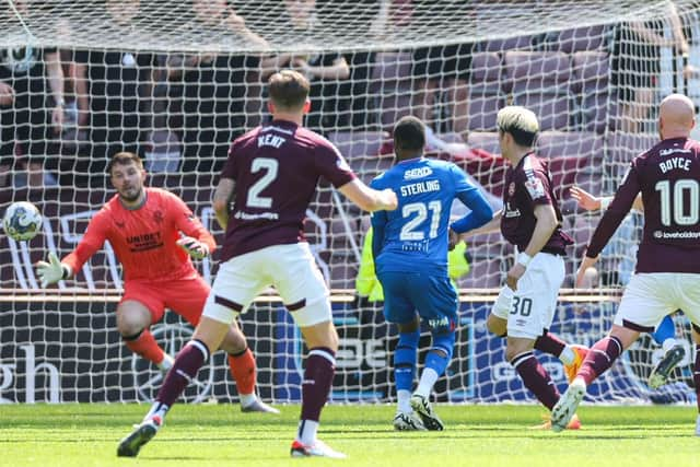 Hearts' Kyosuke Tagawa scores to make it 3-3 against Rangers at Tynecastle.