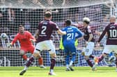 Hearts' Kyosuke Tagawa scores to make it 3-3 against Rangers at Tynecastle.