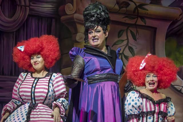 Clare Gray as wicked sister Ruth in the 2017 King's panto, Cinderella, with fellow cast members Grant Stott as Hibernia Hardup and Maureen Carr as Nicola
