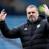 Ange Postecoglou salutes the Celtic fans after the 4-1 victory over Kilmarnock.
