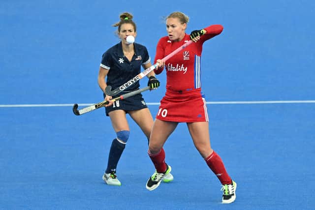 Sarah Robertson in action for Great Britain against the United States last month. The Borderer is a full-time hockey player based in London. Picture: Justin Setterfield/Getty Images