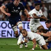 Scotland lock Grant Gilchrist, right, was unlucky to be penalised in the narrow defeat by France in Saint-Etienne. (Photo by JEFF PACHOUD / AFP) (Photo by JEFF PACHOUD/AFP via Getty Images)