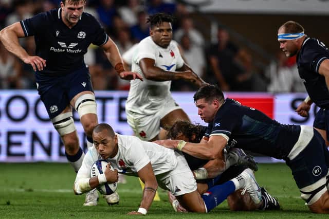 Scotland lock Grant Gilchrist, right, was unlucky to be penalised in the narrow defeat by France in Saint-Etienne. (Photo by JEFF PACHOUD / AFP) (Photo by JEFF PACHOUD/AFP via Getty Images)