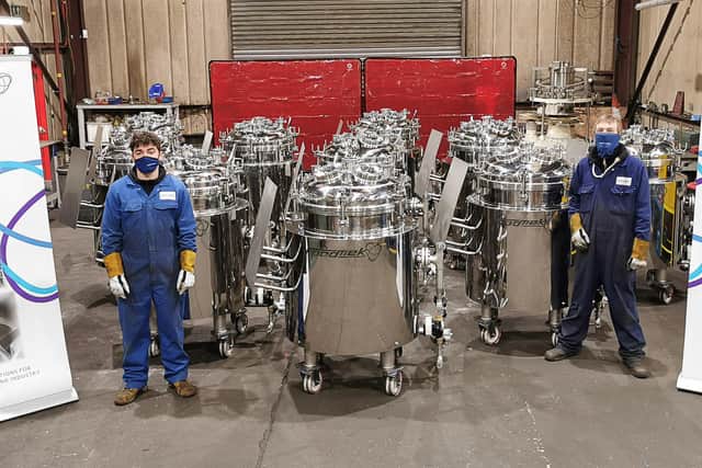 Investment in people, as well as the production of several high-specification vessels for a Covid-19 test kit maker, has helped the company bounce back strongly from a decrease in orders caused by lockdowns. Pictured are Stevie Clark (left) and Aaron Clark (right). Picture: Ross Waite