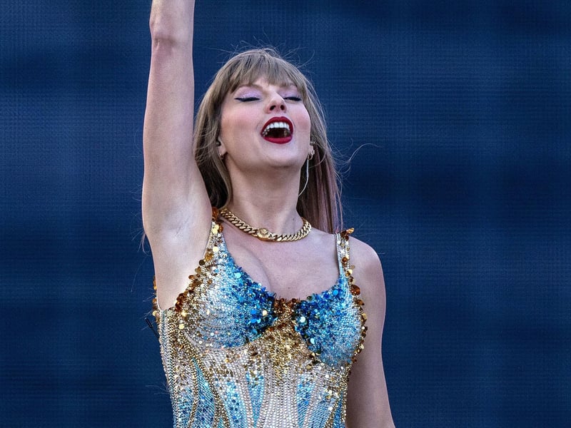 Taylor Swift performs on stage during her Eras Tour at the Murrayfield Stadium in Edinburgh.