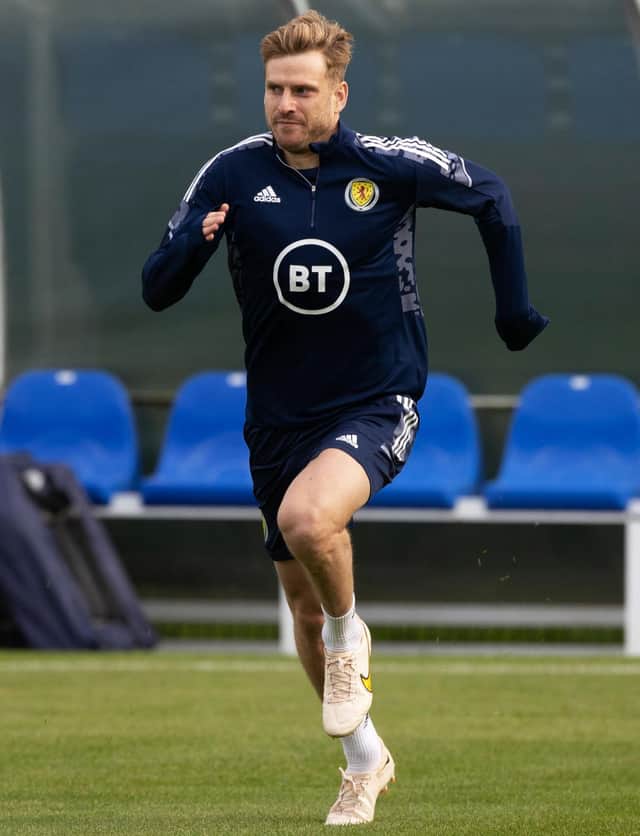 Stuart Armstrong goes through his paces at Scotland's Oriam training centre on Tuesday and the Southampton midfielder maintains "exterior" circumstances will not be a factor in facing  an at-war Ukraine, and weren't in the June World Cup play-off. (Photo by Craig Williamson / SNS Group)