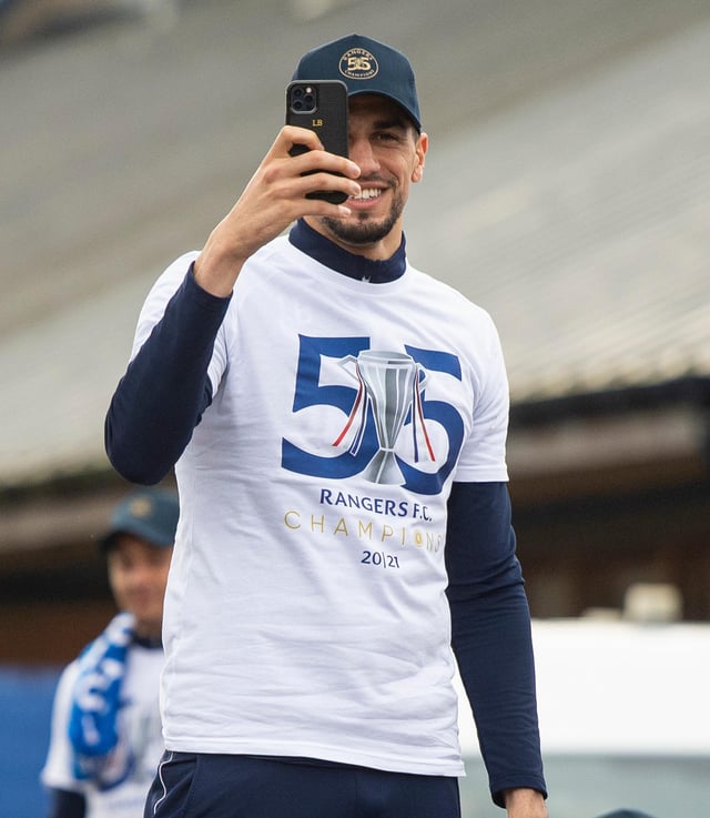 Rangers' Leon Balogun films the celebrations at Auchenhowie as Rangers are crowned champions on March 7, 2021, in Glasgow, Scotland. (Photo by Ross MacDonald / SNS Group)