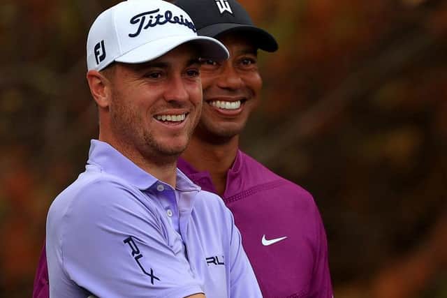 Justin Thomas and Tiger Woods, pictured during the PNC Championship in Florida last December, are close friends. Picture: Mike Ehrmann/Getty Images.