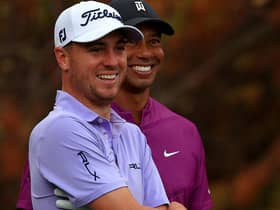 Justin Thomas and Tiger Woods, pictured during the PNC Championship in Florida last December, are close friends. Picture: Mike Ehrmann/Getty Images.