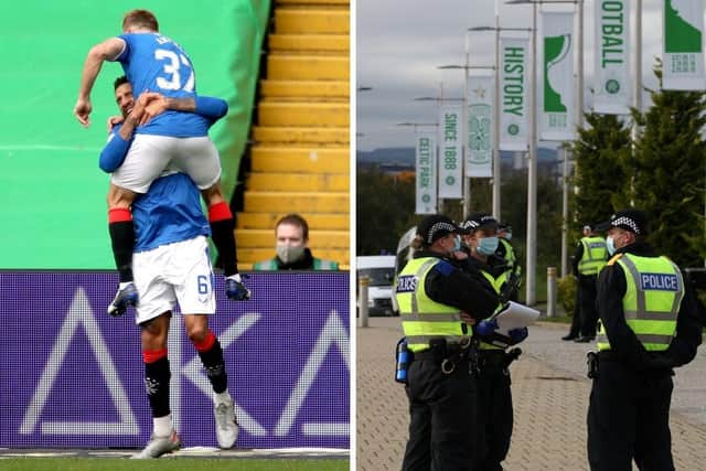 Dozens of fans gathered outside Celtic Park ahead of the old firm match this afternoon, in defiance of pleas from the First Minister and football chiefs to stay at home.