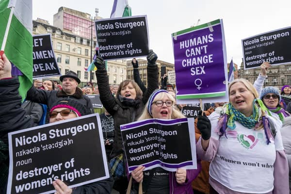Demonstrators show their support for the UK Government's decision to block Scotland's Gender Recognition Reform Bill in Glasgow earlier this month (Picture: Jane Barlow/PA)