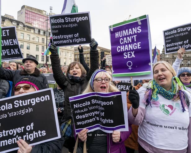 Demonstrators show their support for the UK Government's decision to block Scotland's Gender Recognition Reform Bill in Glasgow earlier this month (Picture: Jane Barlow/PA)