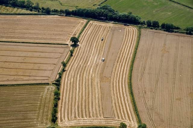 A field of wheat harvested near Cotswold Airport, Gloucestershire