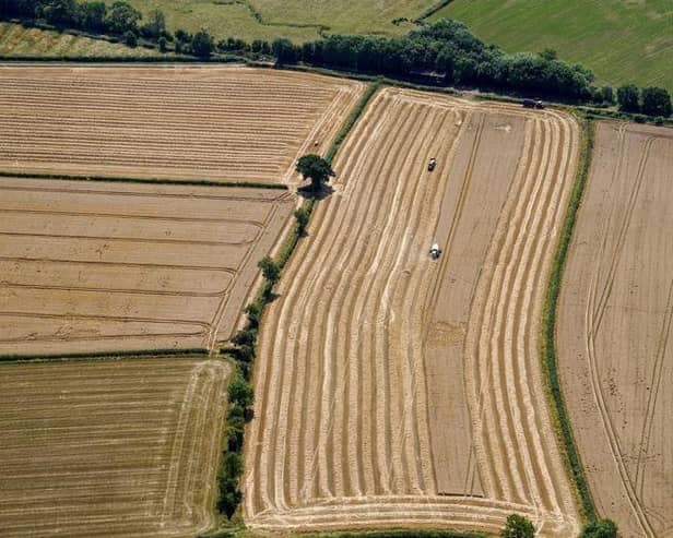 A field of wheat harvested near Cotswold Airport, Gloucestershire