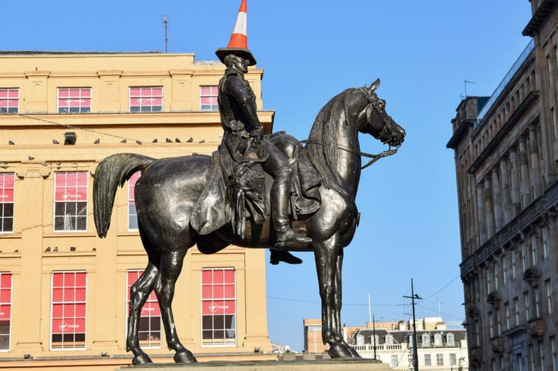 The statue depicts Arthur Wellesley (1st Duke of Wellington) and can be found outside Glasgow’s Gallery of Modern Art. It is famous for being capped with a traffic cone in a move said to reflect the local Glaswegian humour - this has been done since at least the 1980s.