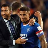 James Tavernier and Rangers manager Giovanni van Bronckhorst celebrate after the UEFA Champions League Third Qualifying Round win over Royale Union Saint-Gilloise at Ibrox. (Photo by Ian MacNicol/Getty Images)