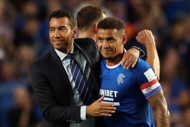 James Tavernier and Rangers manager Giovanni van Bronckhorst celebrate after the UEFA Champions League Third Qualifying Round win over Royale Union Saint-Gilloise at Ibrox. (Photo by Ian MacNicol/Getty Images)