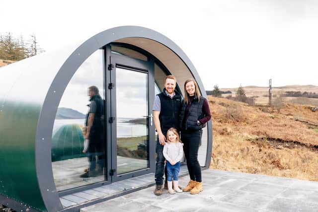 The Laurie family next to one of the Mull pods.
