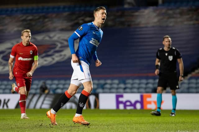 Cedric Itten celebrates scoring for Rangers against Royal Antwerp in the Europa League last season. Picture: SNS