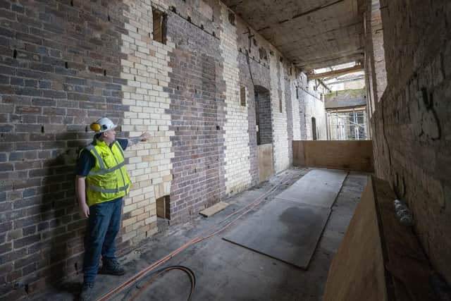 Original brick work on one of the upper floors in the Mackintosh Building at Glasgow School of Art. Picture: Jane Barlow/PA Wire