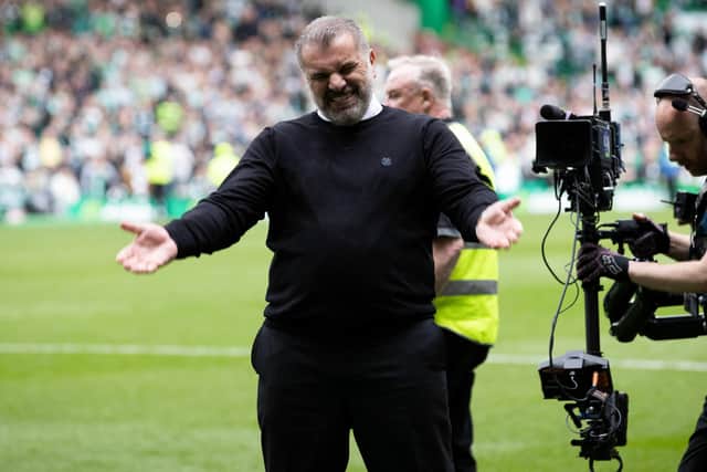 Celtic manager Ange Postecoglou shows his emotion at full-time of the 4-1 slaying of Hearts that essentially has ensured his team will be champions.  (Photo by Alan Harvey / SNS Group)