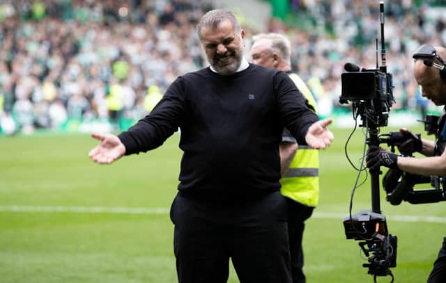 Celtic manager Ange Postecoglou shows his emotion at full-time of the 4-1 slaying of Hearts that essentially has ensured his team will be champions.  (Photo by Alan Harvey / SNS Group)