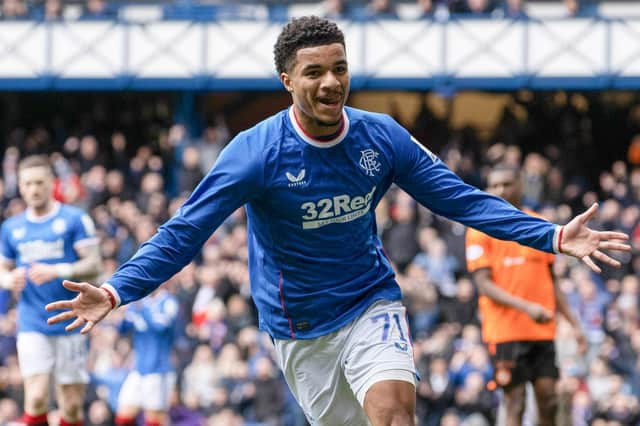 Malik Tillman turns to celebrate his opening goal against Dundee United. His double in the 2-0 win means the on-loan Rangers player has now scored 12 goals this season.