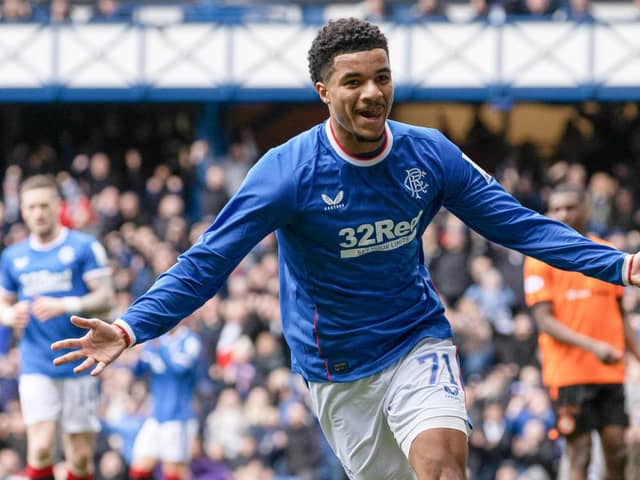 Malik Tillman turns to celebrate his opening goal against Dundee United. His double in the 2-0 win means the on-loan Rangers player has now scored 12 goals this season.