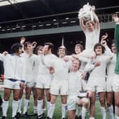 Leeds United celebrate winning the FA Cup: (left-right) Mick Bates, Paul Madeley, Eddie Gray, Paul Reaney, Johnny Giles, Jack Charlton, Allan Clarke, Billy Bremner, Peter Lorimer, Norman Hunter and David Harvey