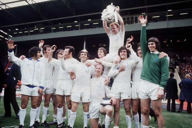 Leeds United celebrate winning the FA Cup: (left-right) Mick Bates, Paul Madeley, Eddie Gray, Paul Reaney, Johnny Giles, Jack Charlton, Allan Clarke, Billy Bremner, Peter Lorimer, Norman Hunter and David Harvey